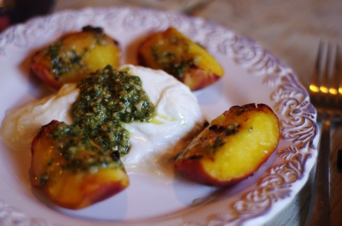 Grilled Peaches and Burrata with Mint and Sunflower Seed Pesto
